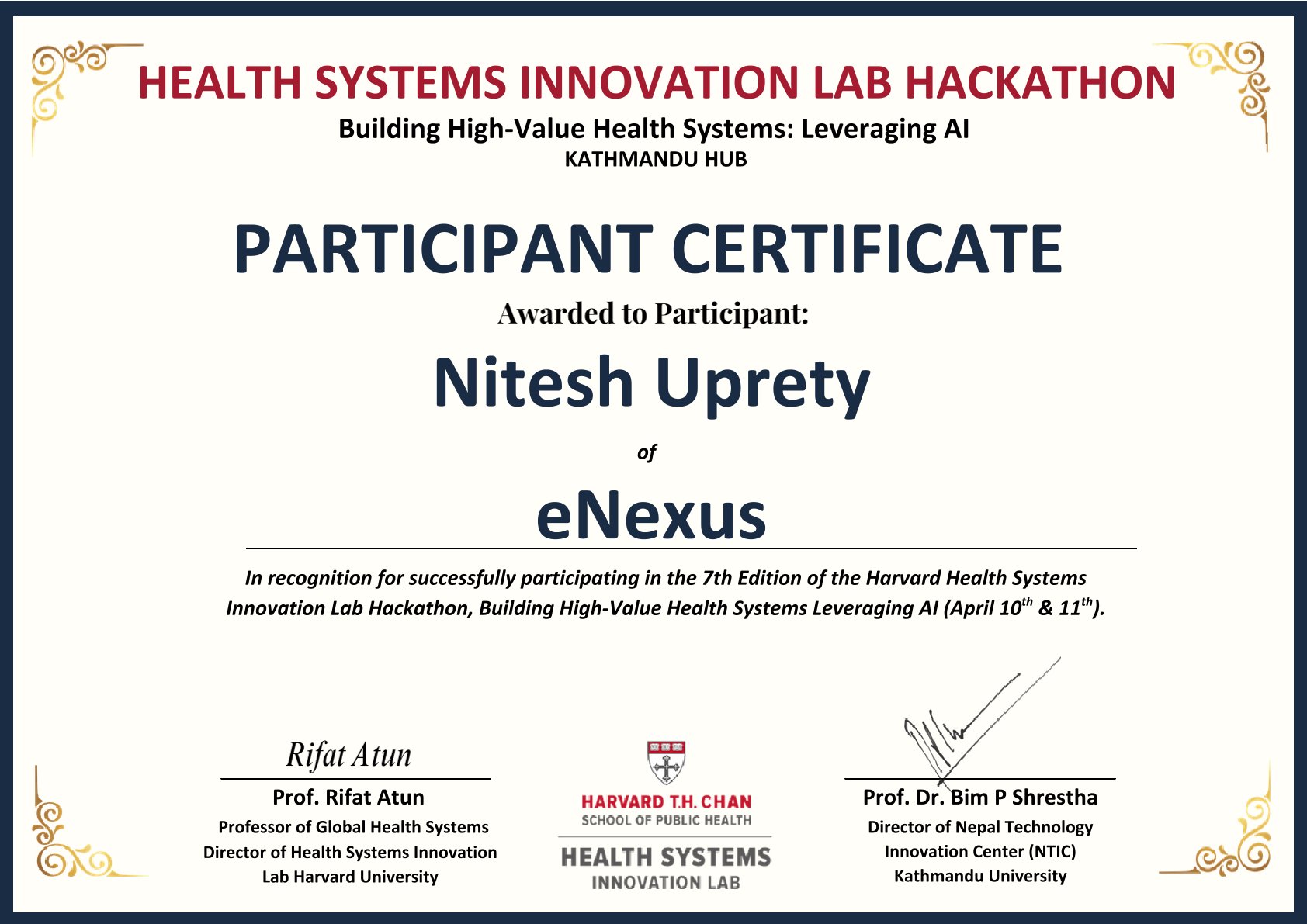 Harvard Health Hackathon Participant Certificate