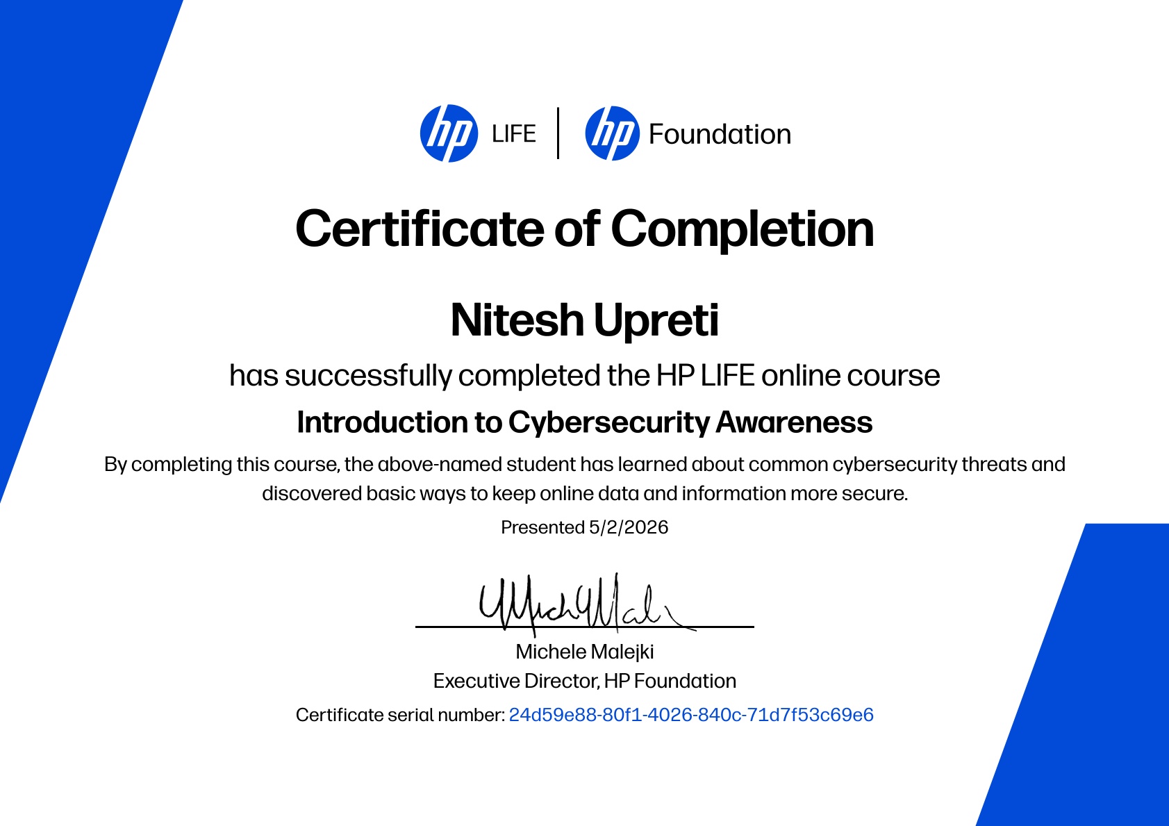 HP LIFE Cybersecurity Awareness Certificate