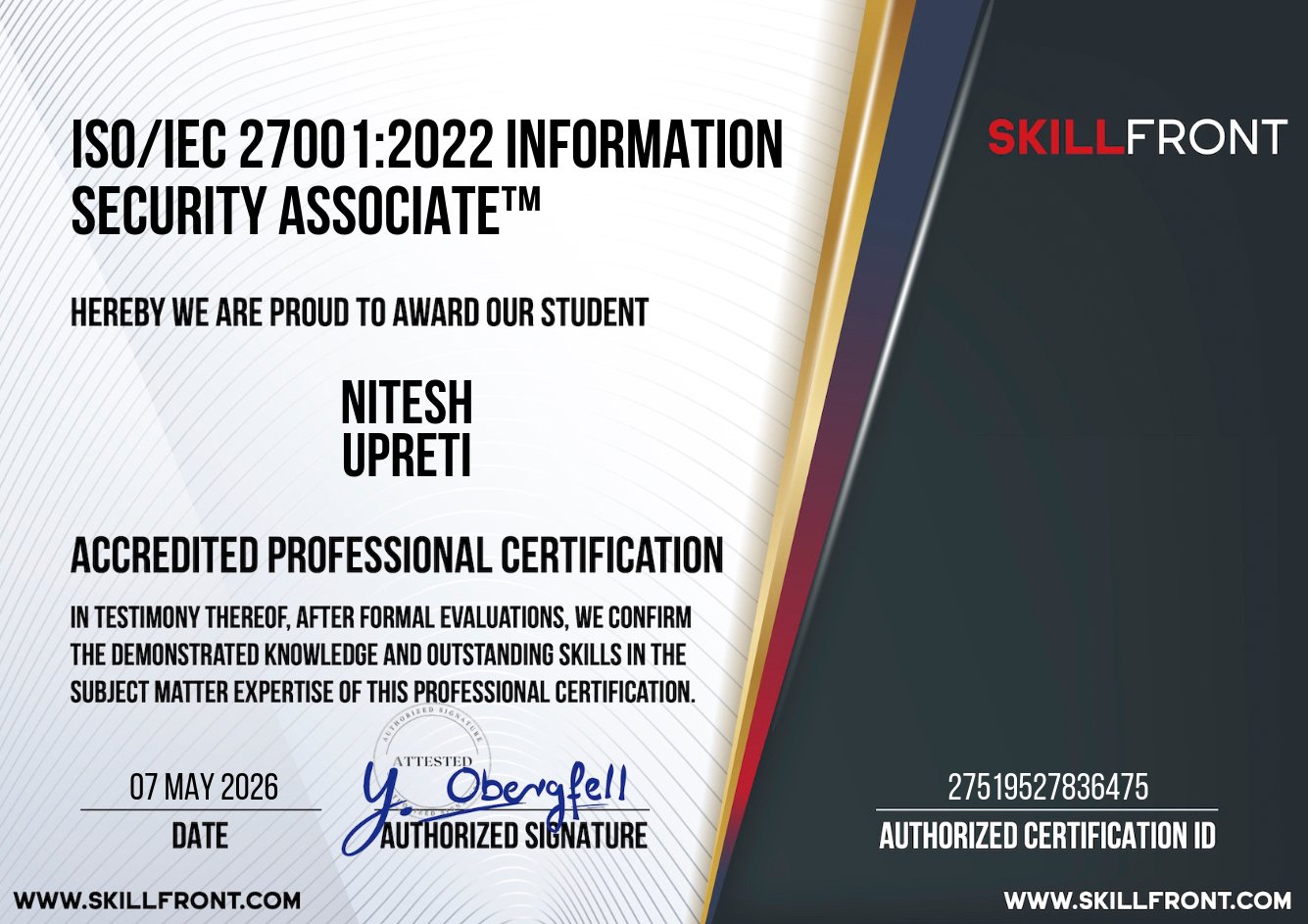 SkillFront ISO 27001 Information Security Associate